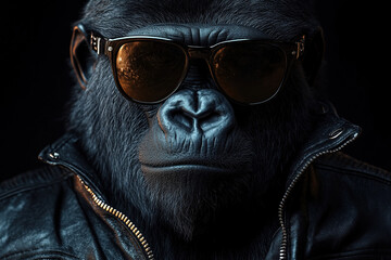Cropped portrait of a gorilla wearing black glasses and a leather jacket on a black background. Cool primate image