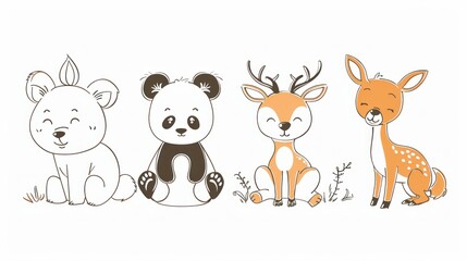 Obraz premium A simple line drawing of baby animals, including a panda and a fawn.