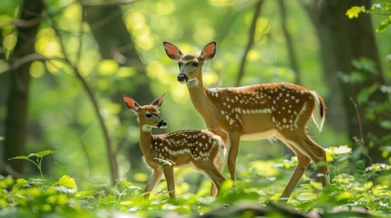 A mama deer and her fawn walking through the forest.