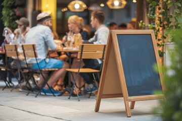 Obraz premium s an outdoor restaurant or cafe setting with people seated at tables.