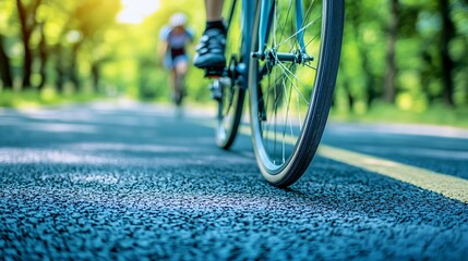 Naklejka premium Sleek road bike tire on smooth asphalt, blurred cyclist in background, embodying speed and efficiency.