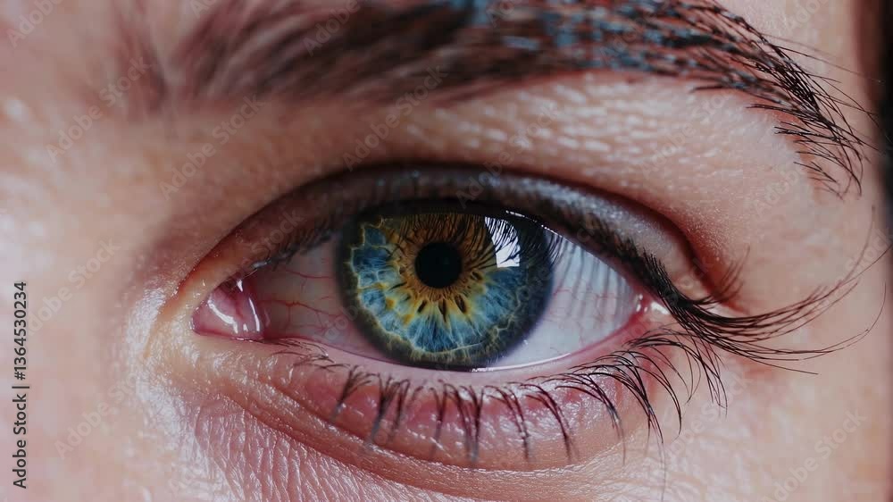 Poster close-up video shot of a human eye, capturing intricate iris details. the macro angle emphasizes tex