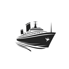 Fototapeta premium A minimalist black and white logo of a ship, featuring a sleek hull, multiple decks, and a prominent smokestack. The simple line drawing presents a cargo or passenger ship in side view with clean, cur
