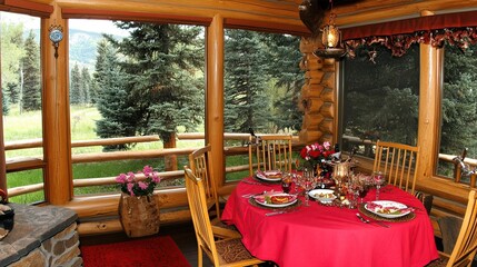 Fototapeta premium Mountain cabin dining room, red tablecloth, scenic view