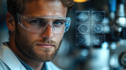 focused scientist wearing safety glasses examines data displayed screen, showcasing intricate diagrams and graphs. environment suggests high tech laboratory setting, emphasizing innovation