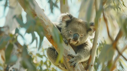 Fototapeta premium A mother koala cuddling with her baby on a tree branch.