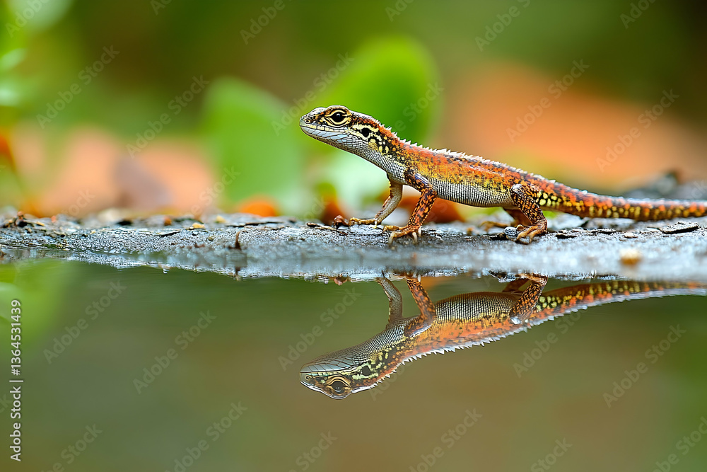 Poster a beautiful orange lizard standing on a wet log, with its reflection visible in the water creating a