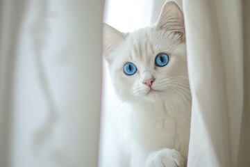 A curious white cat with bright blue eyes looking out from behind a curtain