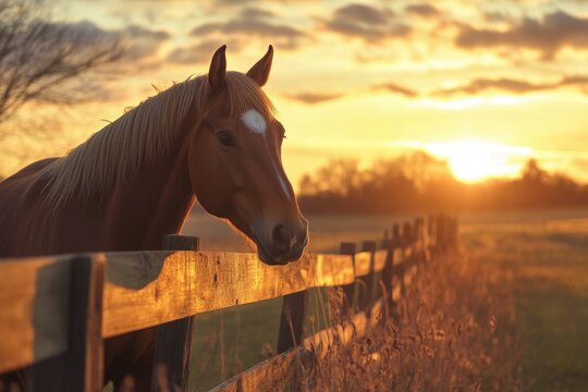 A brown horse stands next to a wooden fence, waiting or grazing