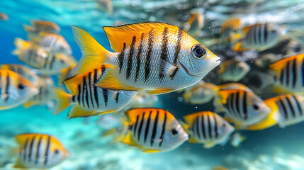 Naklejka premium Colorful fish swimming in clear blue water, showcasing vibrant orange and black stripes, creating lively underwater scene filled with marine life
