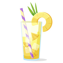 Refreshing tropical pineapple cocktail in a tall glass with ice cubes, a striped straw, and a pineapple slice garnish on a white background. Vector illustration
