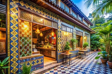 Obraz premium Vibrant Mosaic Thai Coffee Shop Exterior - Architectural Design & Porcelain Tile Facade