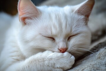 Naklejka premium A close-up shot of a white cat's face, eyes closed