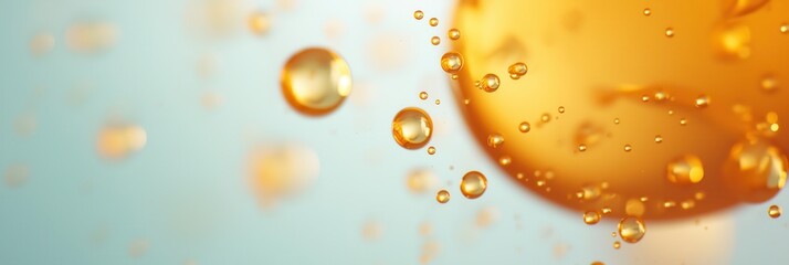 Vibrant and dynamic close-up shot of bubbles in liquid, exhibiting diverse shapes and sizes, illuminated with warm, golden tones. 