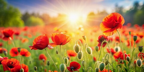 Fototapeta premium Vibrant Red Poppy Field Panorama: Stunning Deep Focus Landscape