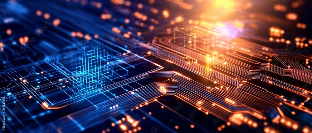 Poster data security and quantum computing concept. futuristic circuit board with glowing lights and intric