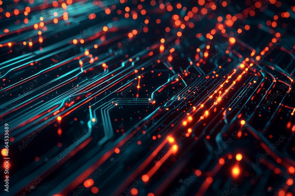Poster data security and quantum computing concept. abstract circuit design with glowing lights and vibrant