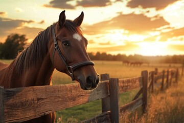 A brown horse stands next to a wooden fence in a natural setting