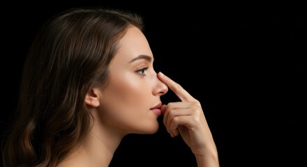 Fototapeta premium Close-up profile of a woman examining her nose.