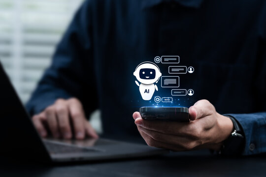 AI chatbot, artificial intelligence. man using a smartphone with AI chatbot. AI Search. LLM AI deep learning. modern technology, digital communication. Technology smart robot and agentic workflows.