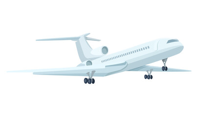 Large commercial airplane taking off with landing gear extended, isolated on white background. Aviation and air travel concept. Vector illustration