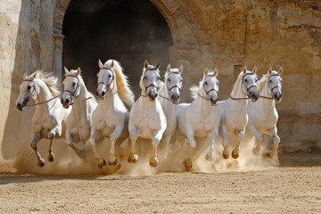 Group of white horses galloping in dirt terrain