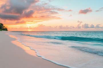 Waves crash onto the sandy beach, creating a soothing atmosphere