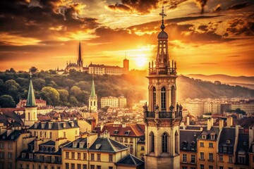 Fototapeta premium Vintage Lyon Tower Photography: Iconic Landmark at Dusk