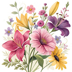 Obraz premium vintage flower illustrations white background mix flowers cluster illustration bouquet flower illustration