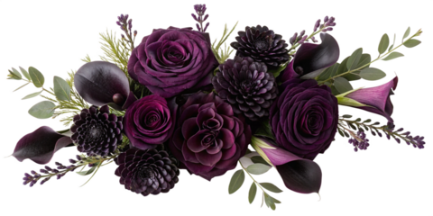 Elegant Dark Purple and Black Floral Arrangement with Roses, Dahlias, and Calla Lilies