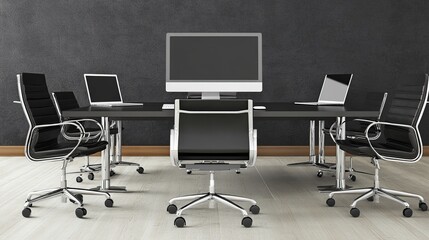 Modern office conference room, empty chairs, blank screen, dark wall