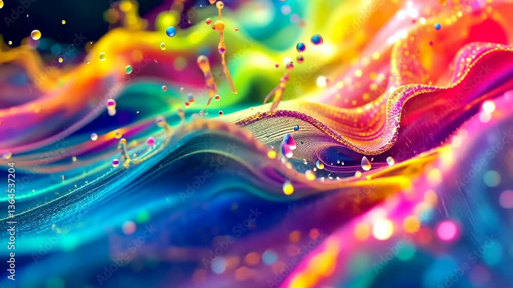 Poster vibrant multicolored fluid waves and particles in dynamic motion