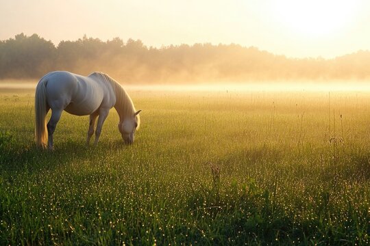 A white horse peacefully grazing on a lush green field - Powered by Adobe
