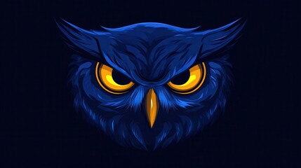 Obraz premium Blue Owl Head with Glowing Eyes, Dark Background, and Vector Art.