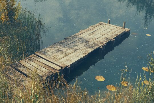 A wooden dock situated in the middle of a serene lake, perfect for fishing or relaxing