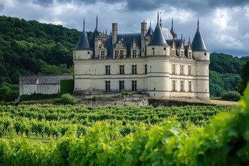 Obraz premium A medieval-style castle situated amidst a vibrant green landscape, perfect for use in historical or fantasy-themed contexts