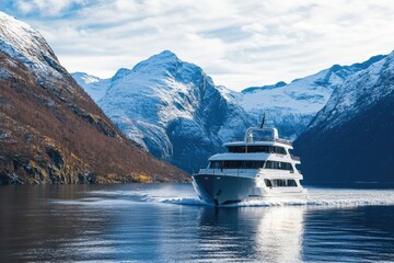 A large boat moving through calm waters, suitable for landscape or travel images