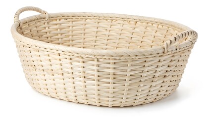 Obraz premium Handwoven Rattan Basket with a Minimalist Design, Isolated on a White Background, ideal for boho and minimalist home decor, Clean and Modern Natural Home Decor Stock Image