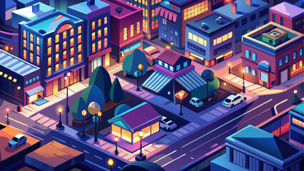 Aerial view of a city street illuminated at night, showcasing a few buildings and the vibrant urban atmosphere.