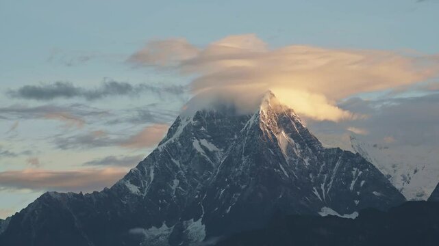 Big Himalayas Mountains Summit at Sunset in Nepal, Snowcapped Mountain Top, Beautiful Dramatic Snowy Snow Covered Winter Mountains Landscape Scenery from Poon Hill Viewpoint
