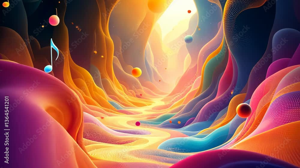 Poster vivid colorful abstract animation with flowing shapes and floating spheres in a dynamic scene