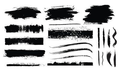 Brush paint vector set. Messy ink brush strokes, blots, daubs. Chinese, Japanese, Korean calligraphy strokes. Black abstract messy spot collection. Straight long hand drawn stripes vector sketch. 
