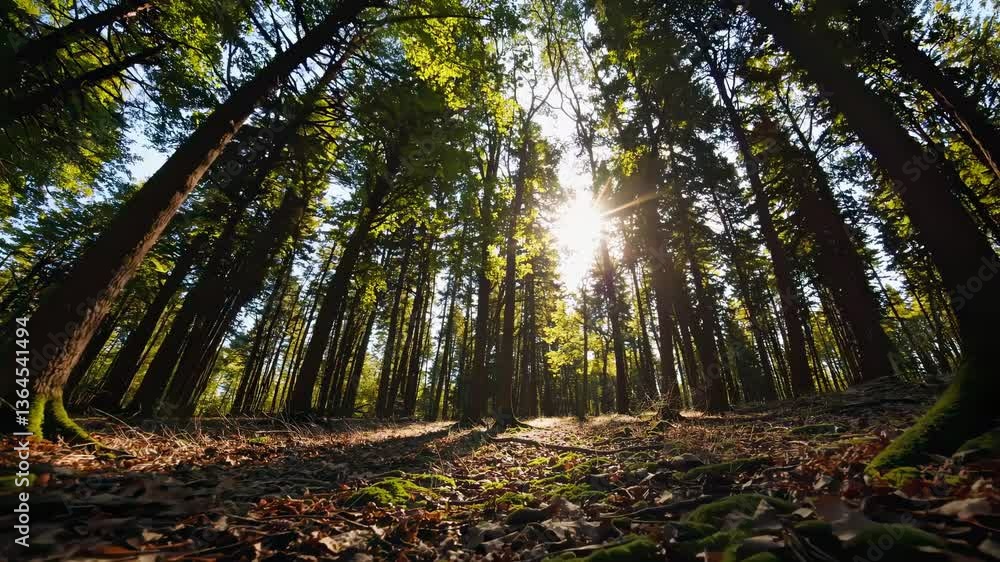 Poster low-angle video shot of a lush forest with sunlight filtering through tall trees, creating a serene 