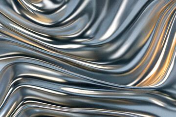 High-shine metallic texture with fluid wave motion and reflections of cool steel and warm light. Abstract background perfect for digital design, packaging and modern branding