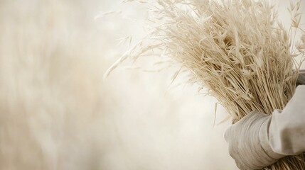 Close-up of a hand holding a bunch of dried grass. the hand is wearing a beige glove and the background is blurred, making the hand and the grass the focal point of the image.