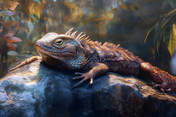 Enchanting Gaze, A Detailed Portrait of an Iguana Resting on a Rock