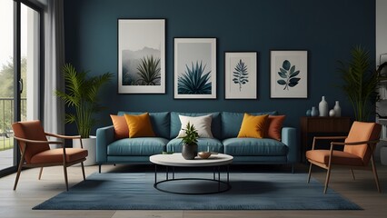 Interior desgin of modern living room interior with mock up poster frame, colorful decorations and accessories, plants, sofa, coffee table. Blue wall. Home decor. Template