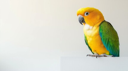 Naklejka premium Close-up of a yellow and green parrot perched on a white surface. the parrot has a bright orange head with a black beak and a white chest.