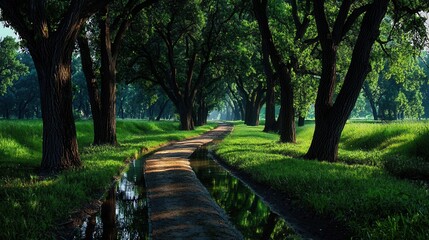Naklejka premium Serene Pathway Through Lush Green Trees and Grassy Meadow with a Reflective Waterway