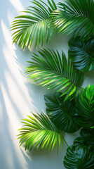 Tropical palm leaves with sunlight shadows on white background
